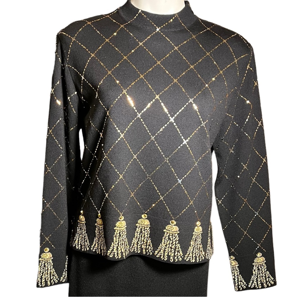 ST. JOHN Couture black sweater with gold cross cross and tassel print design